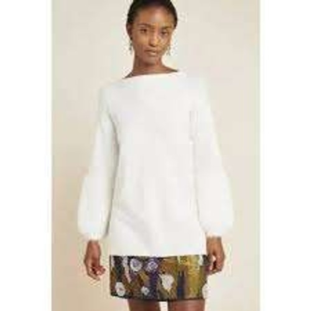 Anthropologie Cream White Faux Fur Cuff Knit Sweater Scoop Neck Womens Large